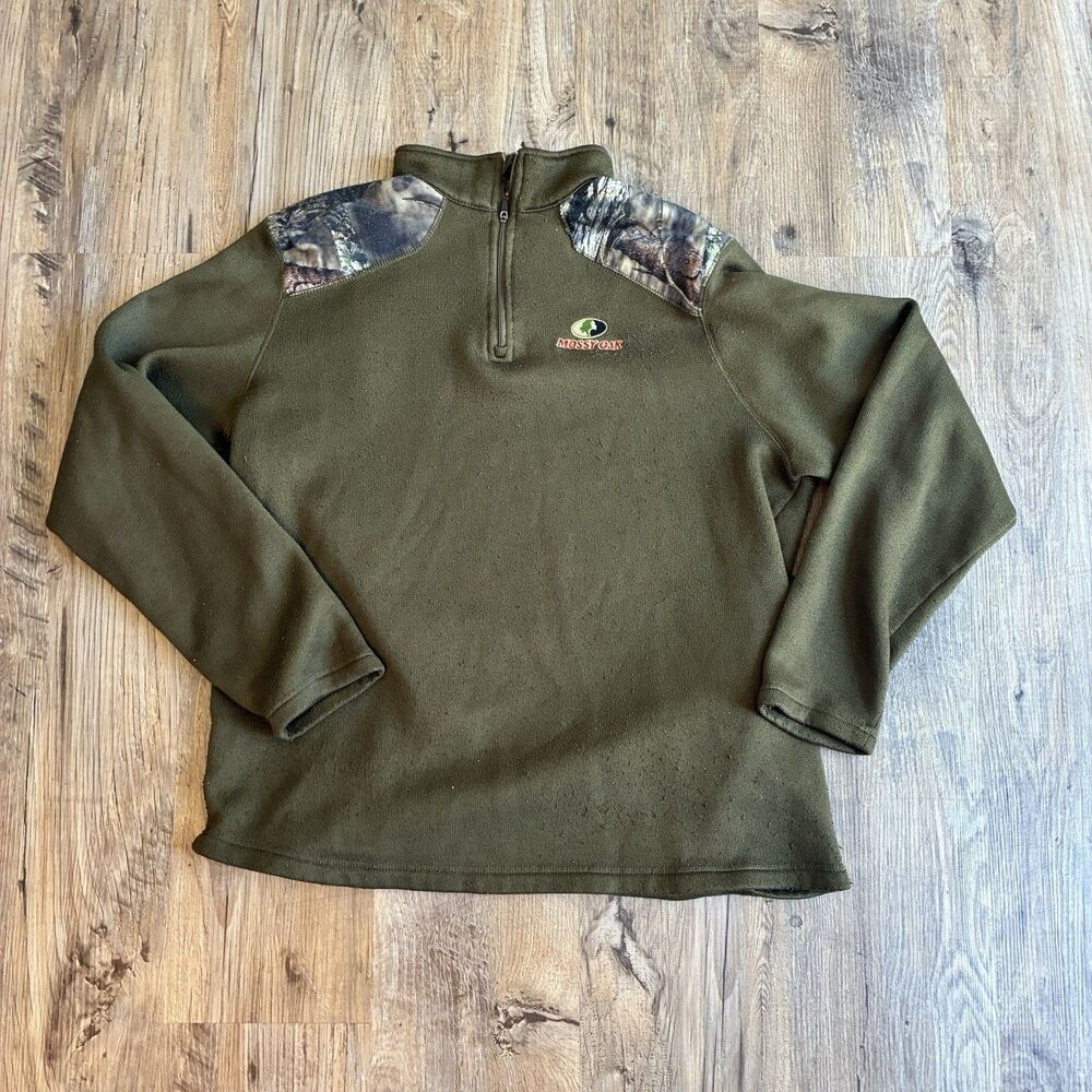 Mossy Oak Men's Green Camo Fleece 1/4 Zip Mock Neck Logo Sweatshirt XL